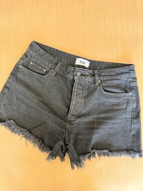 PAIGE Charcoal Black Frayed Denim Cutoff Shorts